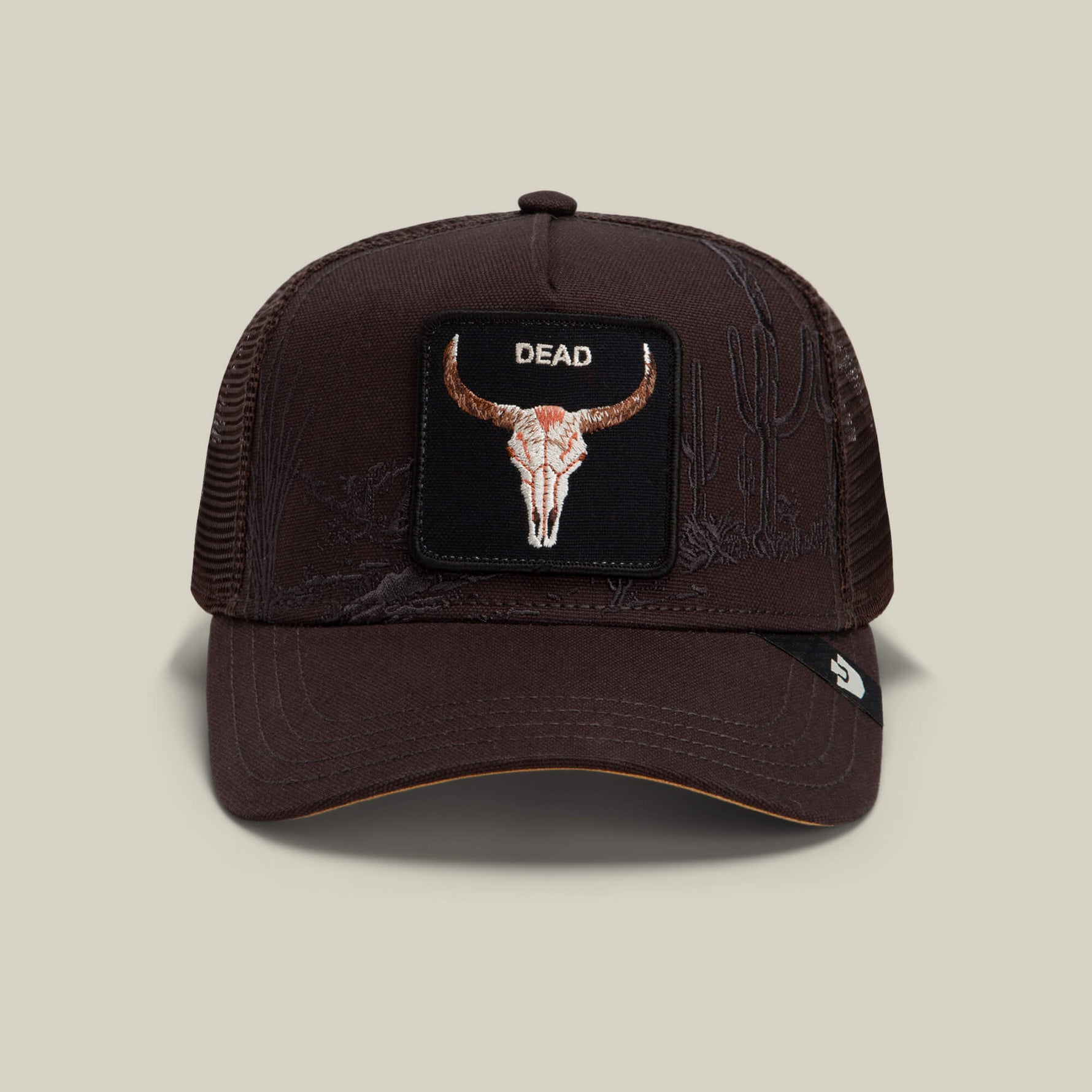 Goorin Bros Badlands Skull deep brown trucker cap with a longhorn skull patch reading DEAD western clothing Utah SKU 1013125GRO01OS