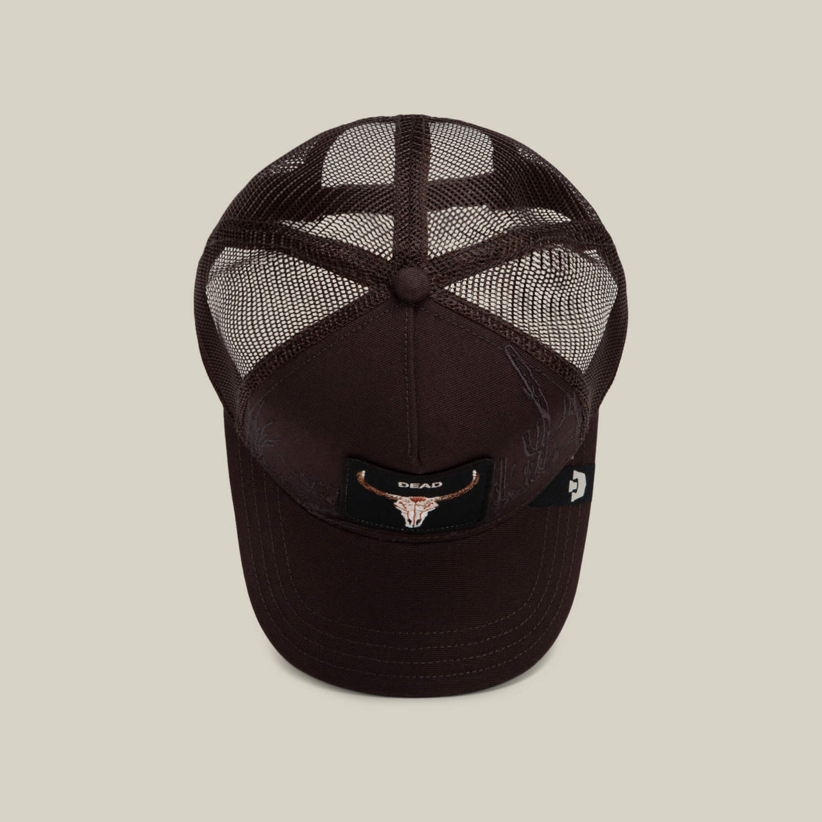Goorin Bros Badlands Skull six panel crown with a matching covered top button and clean seams rodeo ready