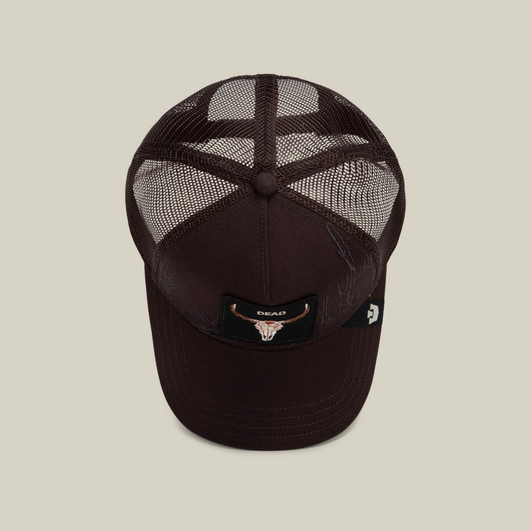 Goorin Bros Badlands Skull six panel crown with a matching covered top button and clean seams rodeo ready