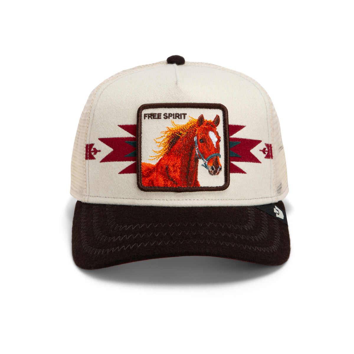 Cap with horse design and 'Free Spirit' text with a black brim and a cream aztec free spirit patch with a horse