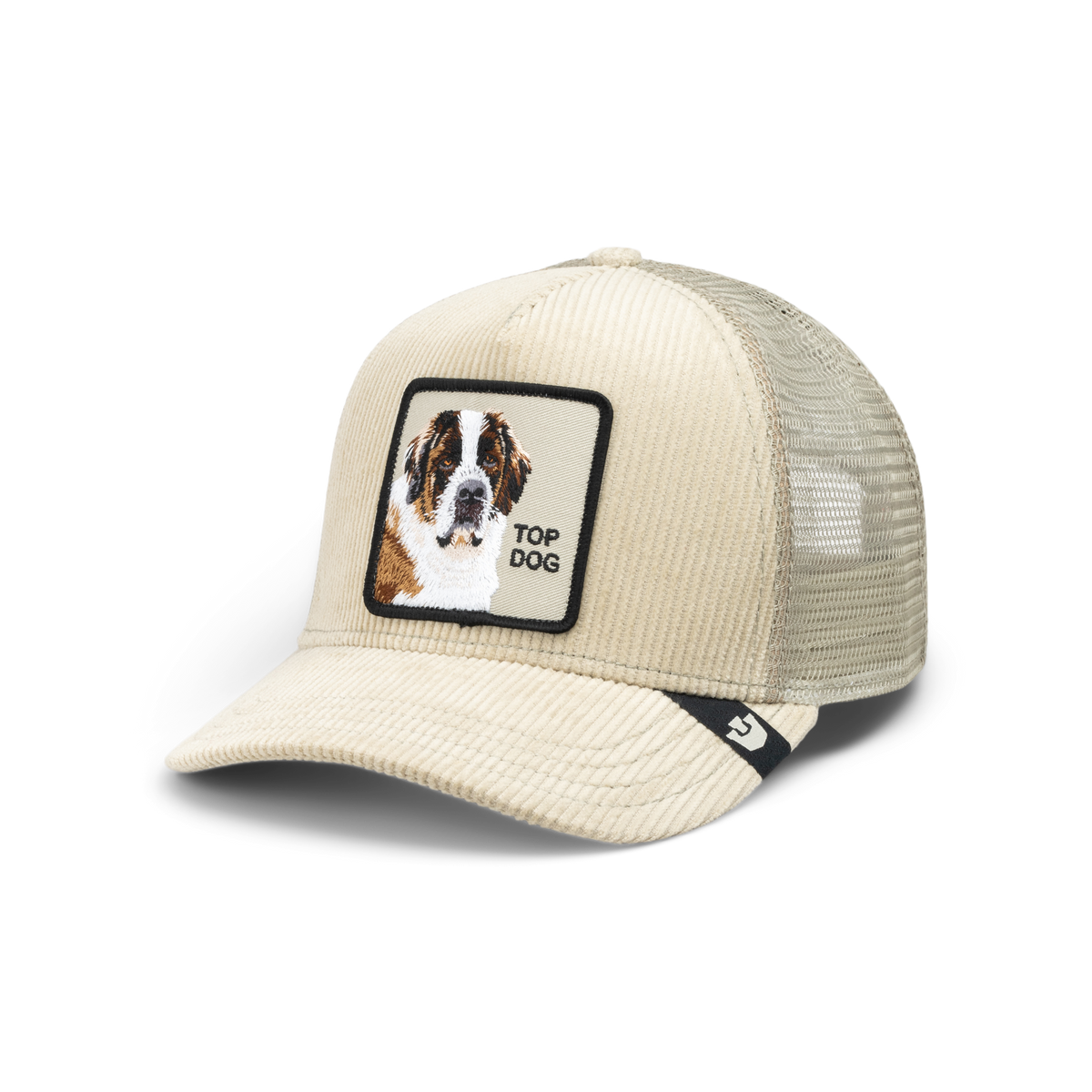 A cream-colored trucker hat with a Saint Bernard dog patch on the front - the Goorin Bros Corduroy Top Dog