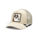 A cream-colored trucker hat with a Saint Bernard dog patch on the front - the Goorin Bros Corduroy Top Dog