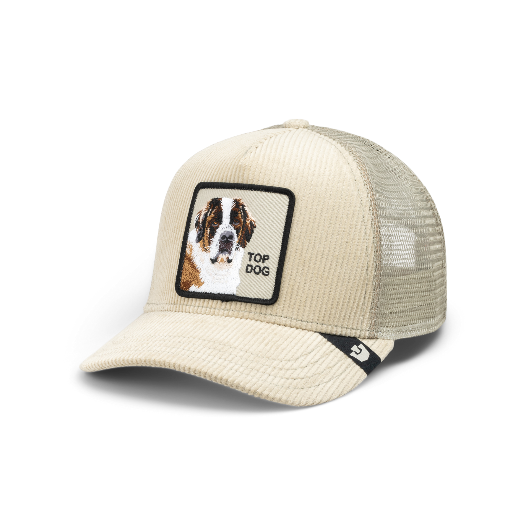 A cream-colored trucker hat with a Saint Bernard dog patch on the front - the Goorin Bros Corduroy Top Dog