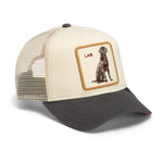 A cream and dark gray trucker hat with a square patch on the front featuring a black Labrador retriever and the text 'LAB'. This is a trucker hat with a mesh back and curved brim.