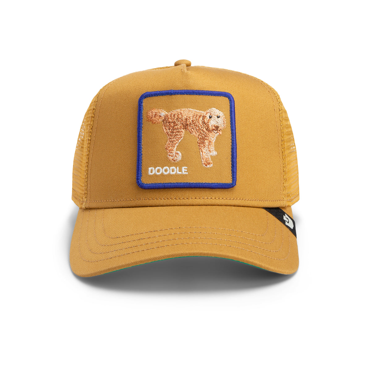 Yellow cap with a dog patch labeled 'Doodle' with a blue border around the golden doodle patch with mesh back and a amber color hat and brim