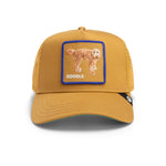 Yellow cap with a dog patch labeled 'Doodle' with a blue border around the golden doodle patch with mesh back and a amber color hat and brim