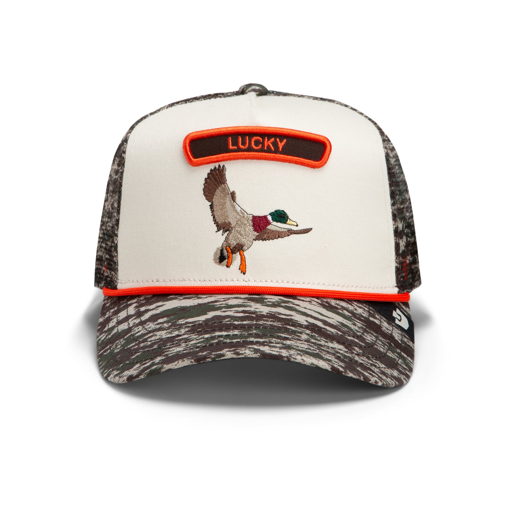 A camouflage trucker hat with a white front panel, featuring an embroidered mallard duck and a 'LUCKY' patch Goorin Bros Camo Rocker Duck Hat