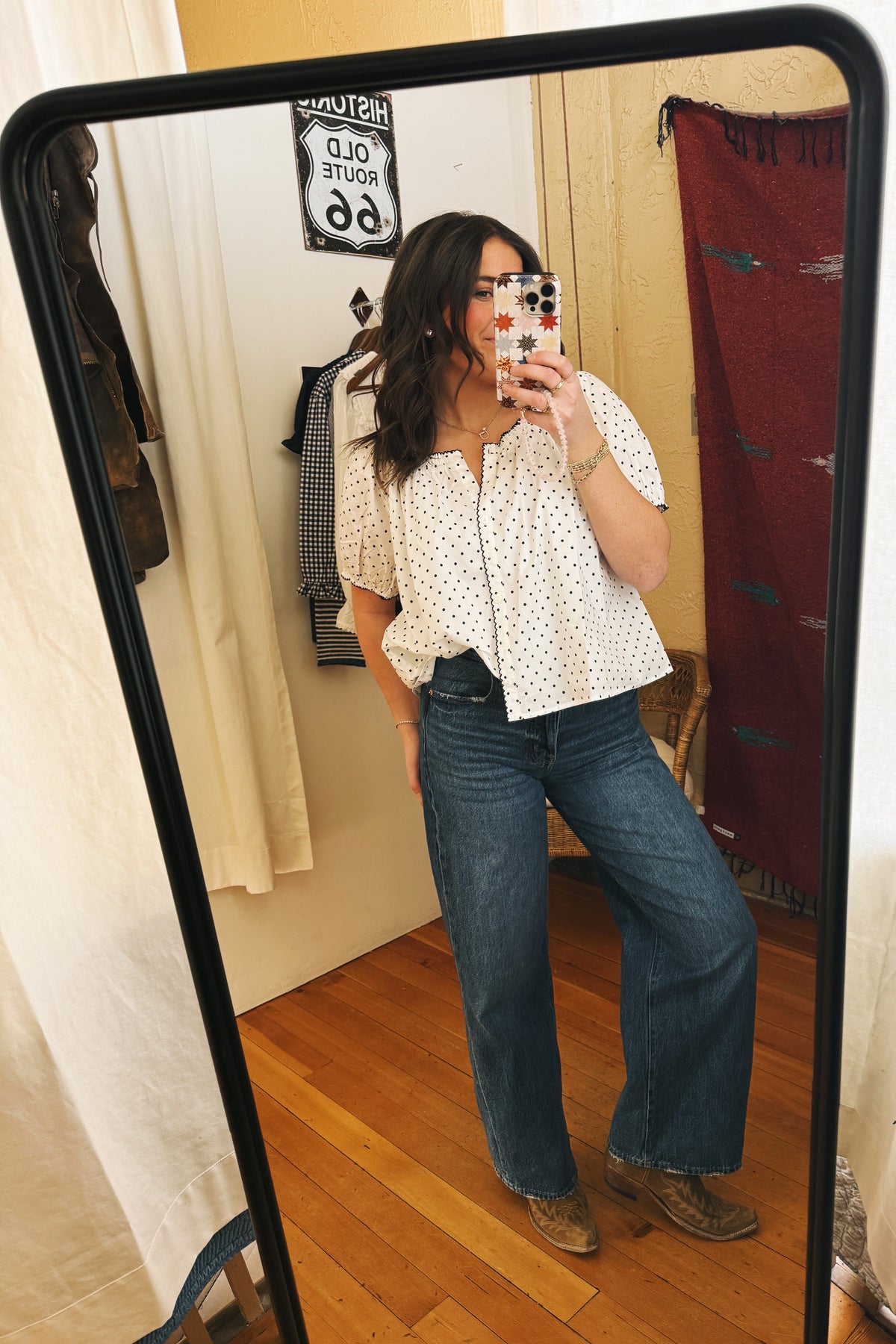 Beth Polka Dot Blouse womens short sleeve top white navy small polka dots Boltranchstore.com Free Shipping