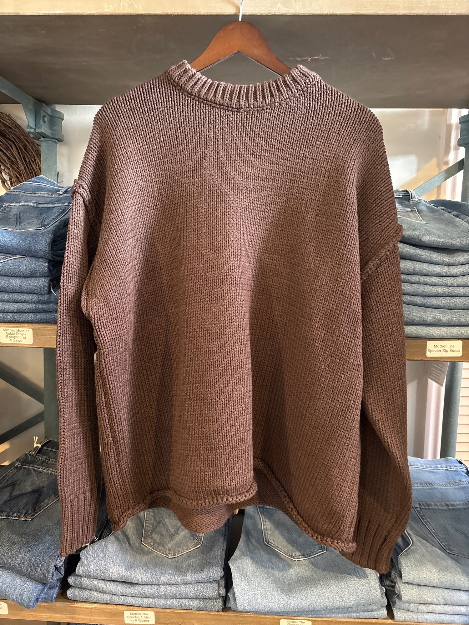 a ren womens chocolate brown sweater crew neck rolled hem free shipping Boltranchstore.com popular viral fall 2025 The Row knockoff dupe Gap dupe viral