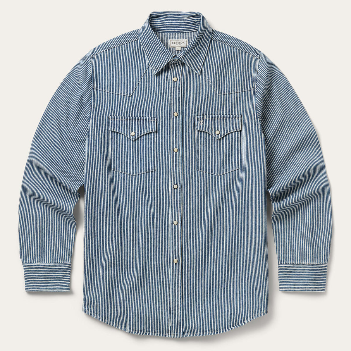 Stetson Denim Stripe Western Shirt stonewash railroad stripe cotton denim mens western shirt ranch wear Utah SKU 1100104656098BU