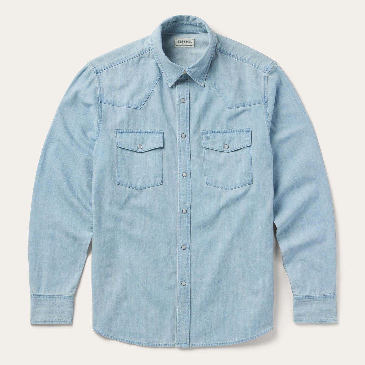 Stetson Chambray Oxford Western Shirt Blue blue cotton chambray oxford western shirt with pearl snaps mens western clothing Utah SKU 1100104659367BU