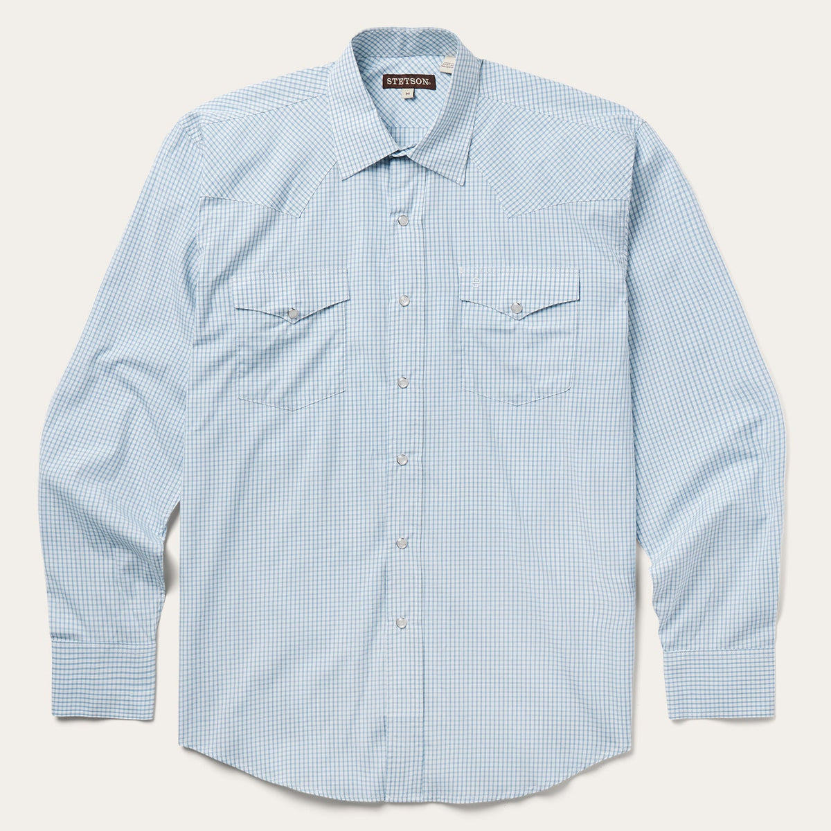 Stetson Two Stripe Check Western Shirt at boltranchstore.com mens button up pearl snap blue and white western shirt rodeo shirt 