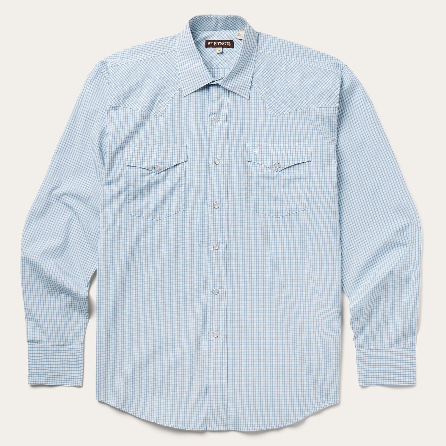 Stetson Two Stripe Check Western Shirt at boltranchstore.com mens button up pearl snap blue and white western shirt rodeo shirt 