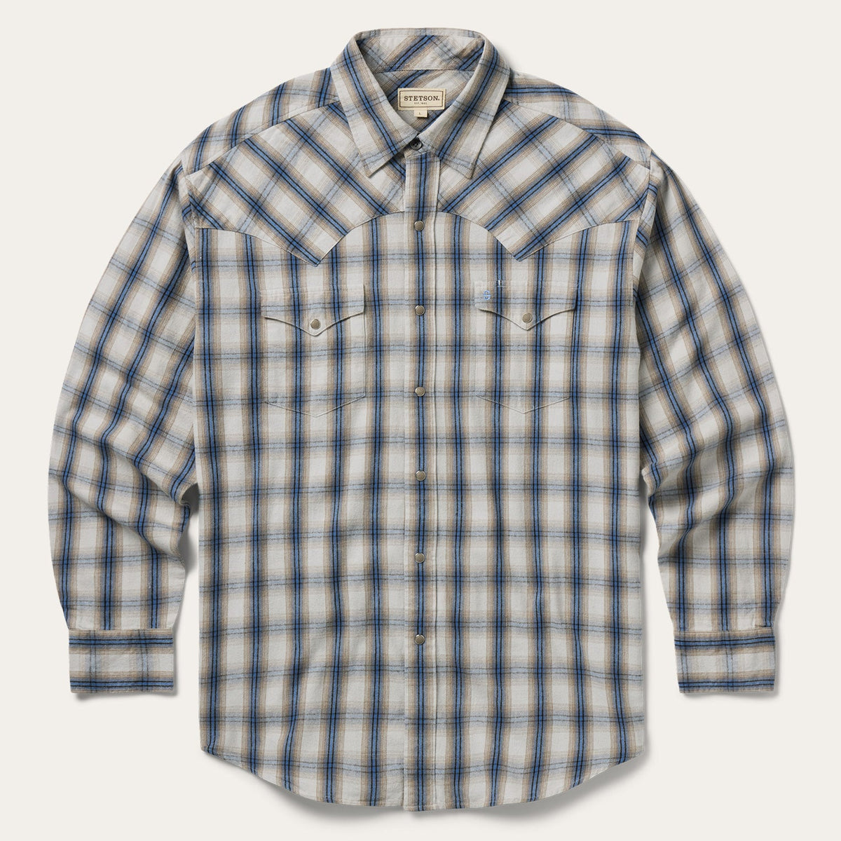 Stetson Flannel Plaid Western Shirt Blue blue plaid brushed cotton flannel western shirt with pearl snaps mens western clothing Utah SKU 1100104786092BU
