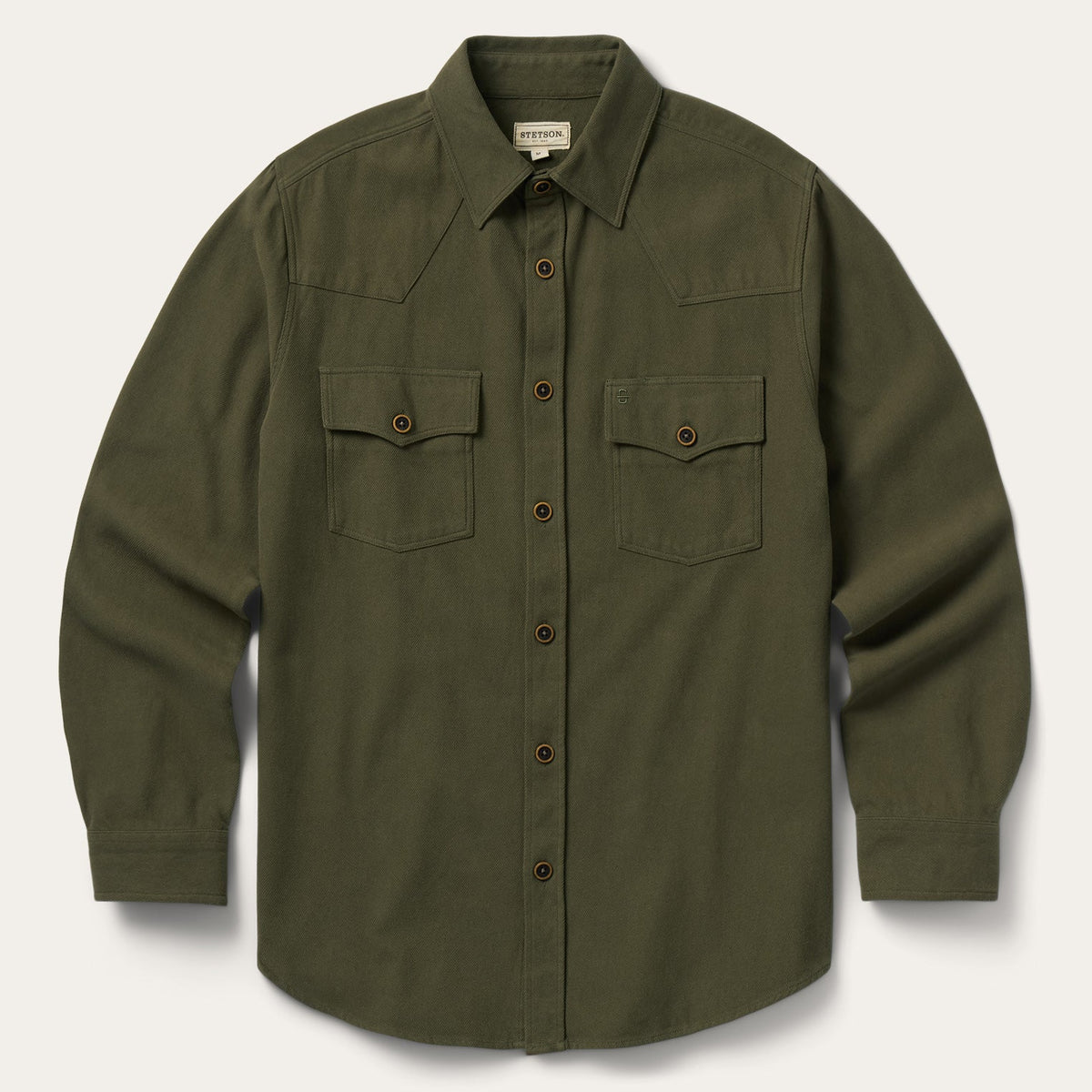 Stetson Rugged Twill Western Shirt Jacket Olive olive brushed cotton twill western shirt jacket mens western clothing Utah SKU 1100105656097GR