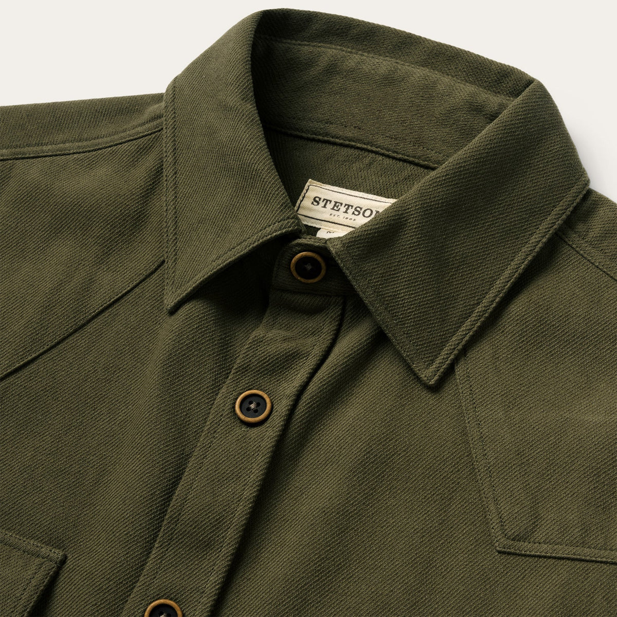 Stetson Rugged Twill Western Shirt Jacket Olive deep curved one point pocket flaps and one point yokes cowboy