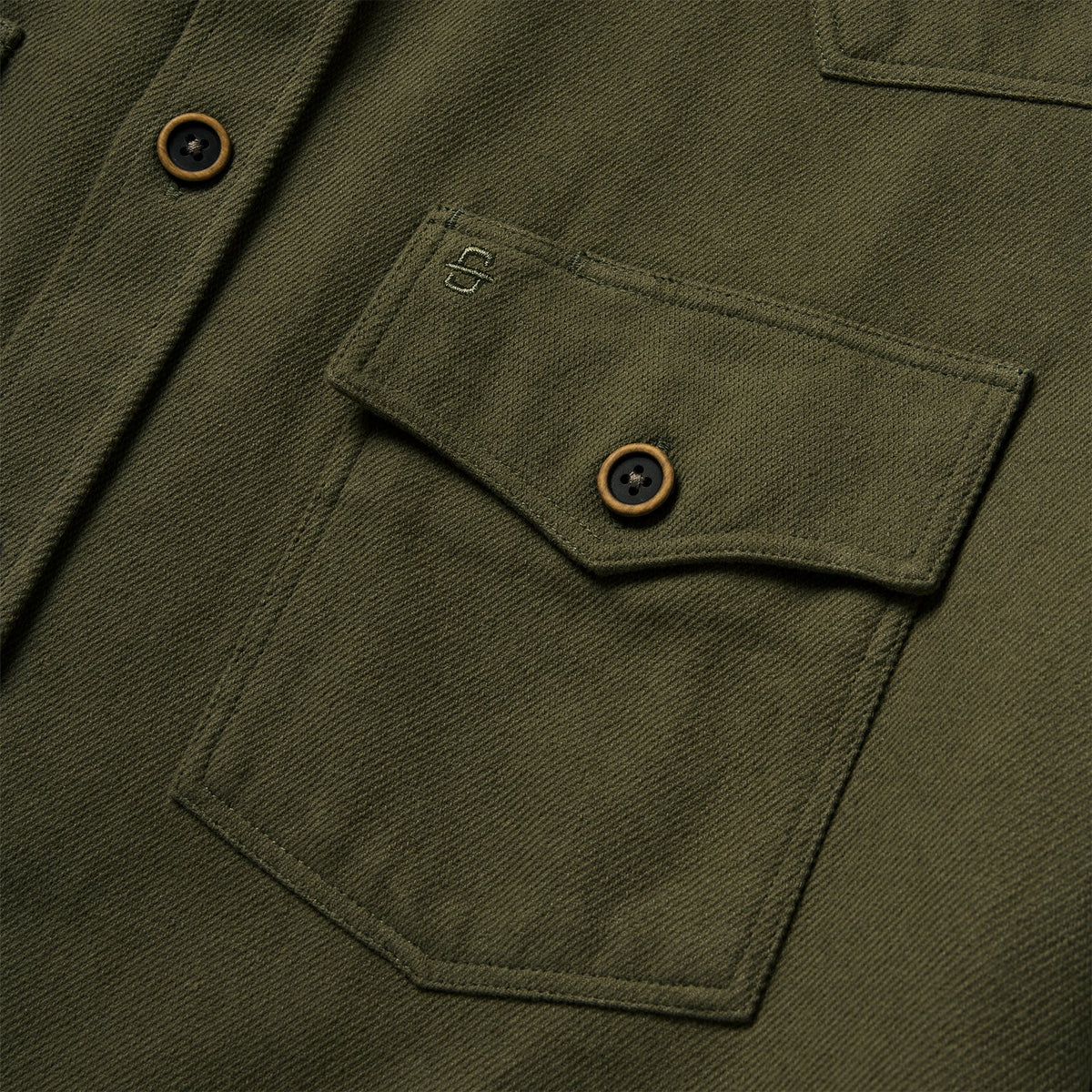 Stetson Rugged Twill Western Shirt Jacket Olive logo button front with one button cuffs and S embroidery Kamas