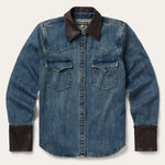 Stetson Stretch Denim Western Shirt dark stretch denim western shirt with leather collar womens western boutique Utah SKU 1105002027047BU