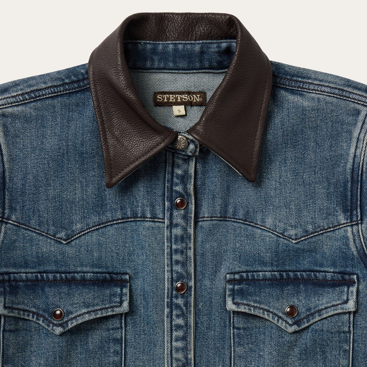 Stetson Stretch Denim Western Shirt brown washed leather collar and one snap leather cuffs