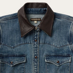 Stetson Stretch Denim Western Shirt brown washed leather collar and one snap leather cuffs