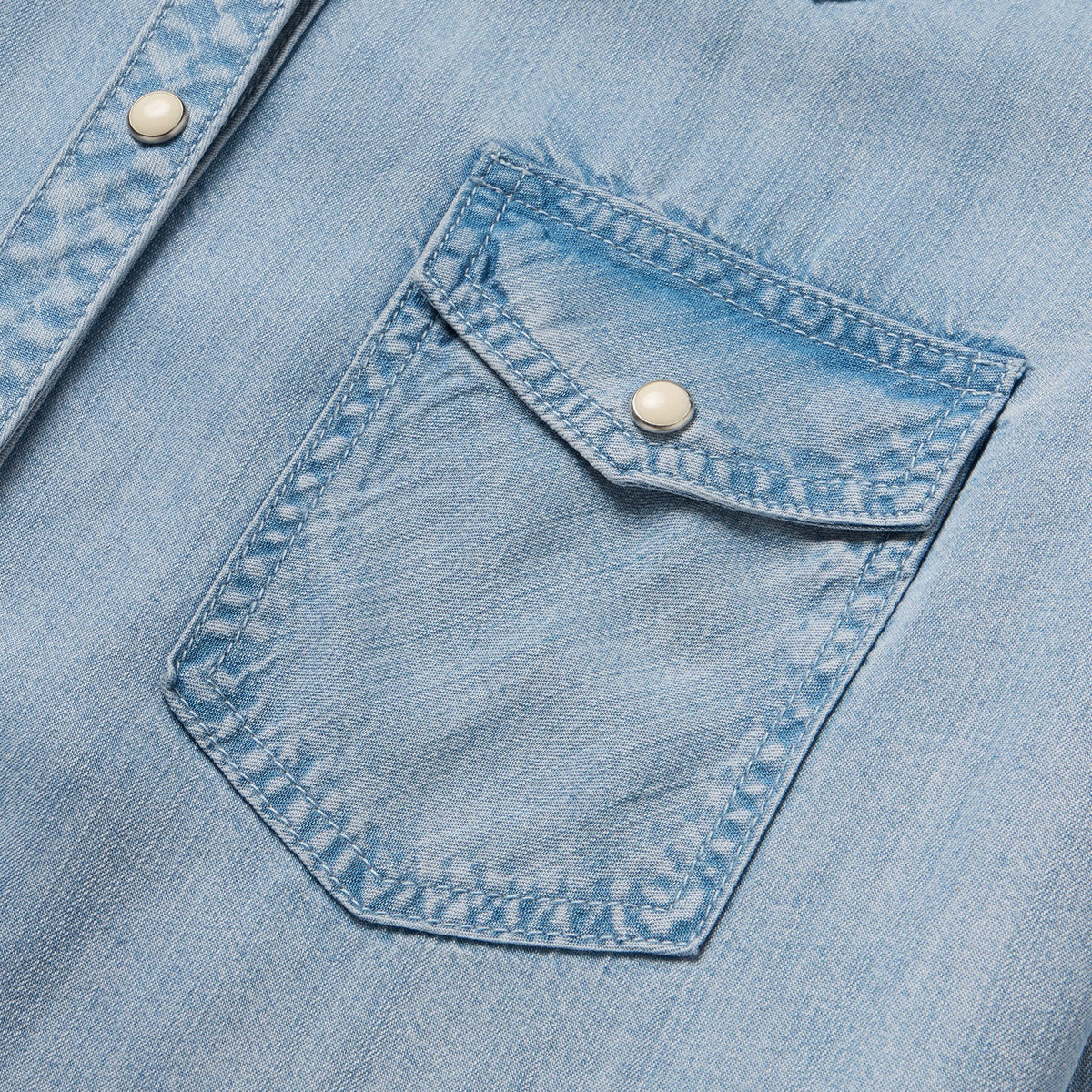 Stetson Light Denim Western Shirt slightly curved front and back yokes with full snap placket