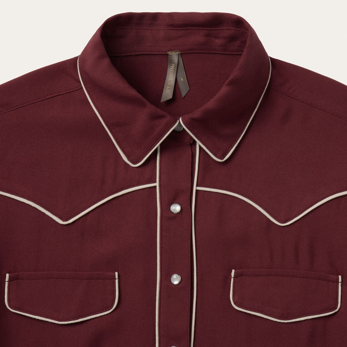 Stetson Twill Western Shirt Wine deep four snap cuffs with piping above rodeo