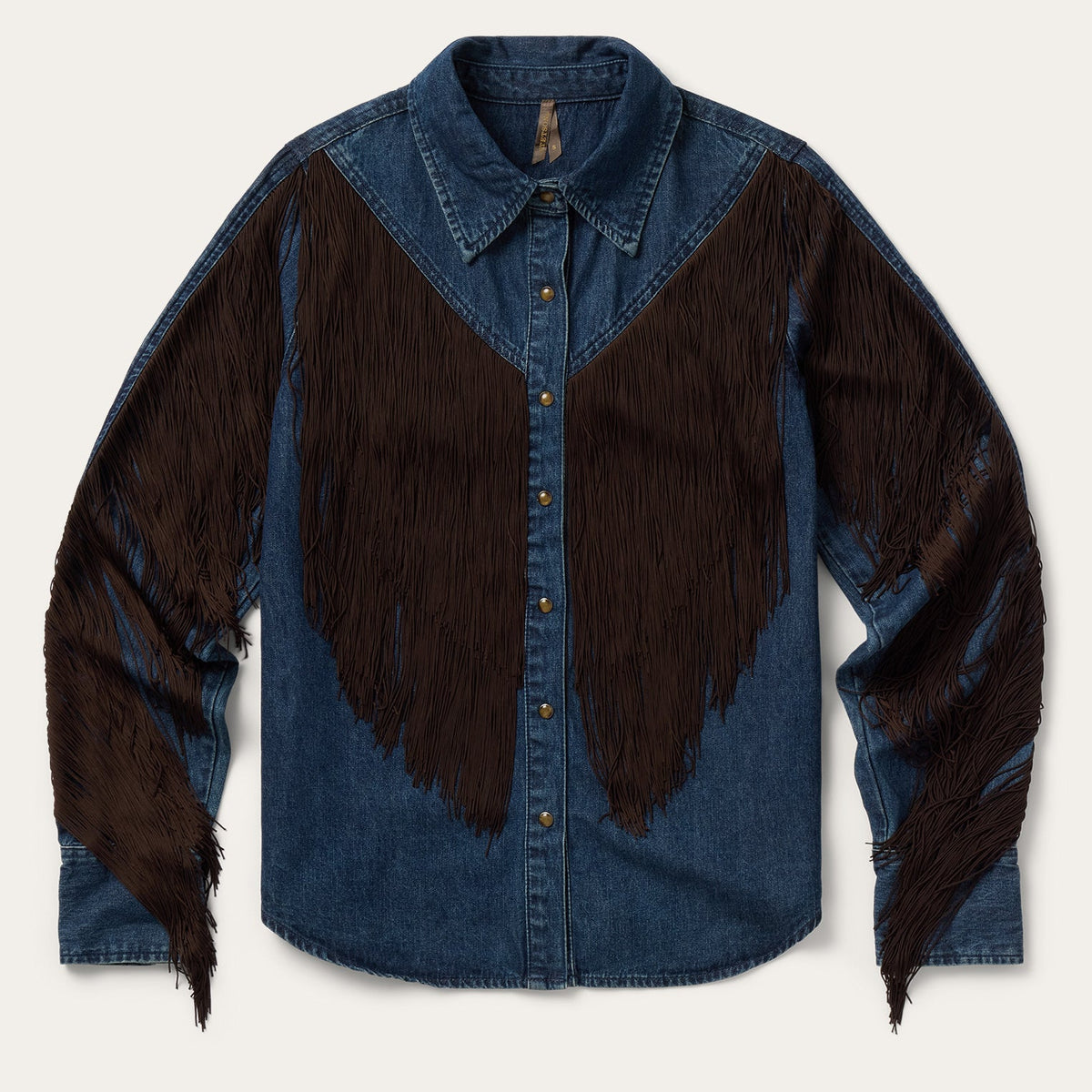 Stetson Denim Fringe Western Shirt dark cotton denim western shirt with leather fringe womens western boutique Utah SKU 1105005947033BU