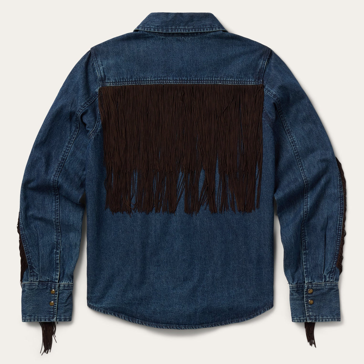 Stetson Denim Fringe Western Shirt fold down collar with full snap front placket