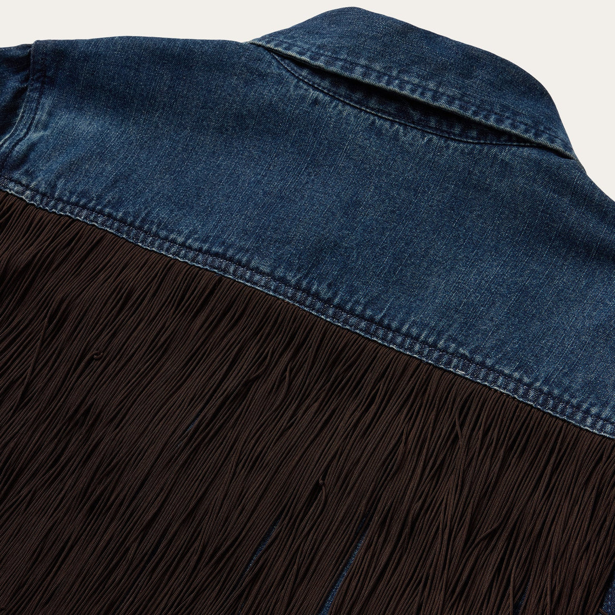 Stetson Denim Fringe Western Shirt straight back yoke with fringe trim ranch wear