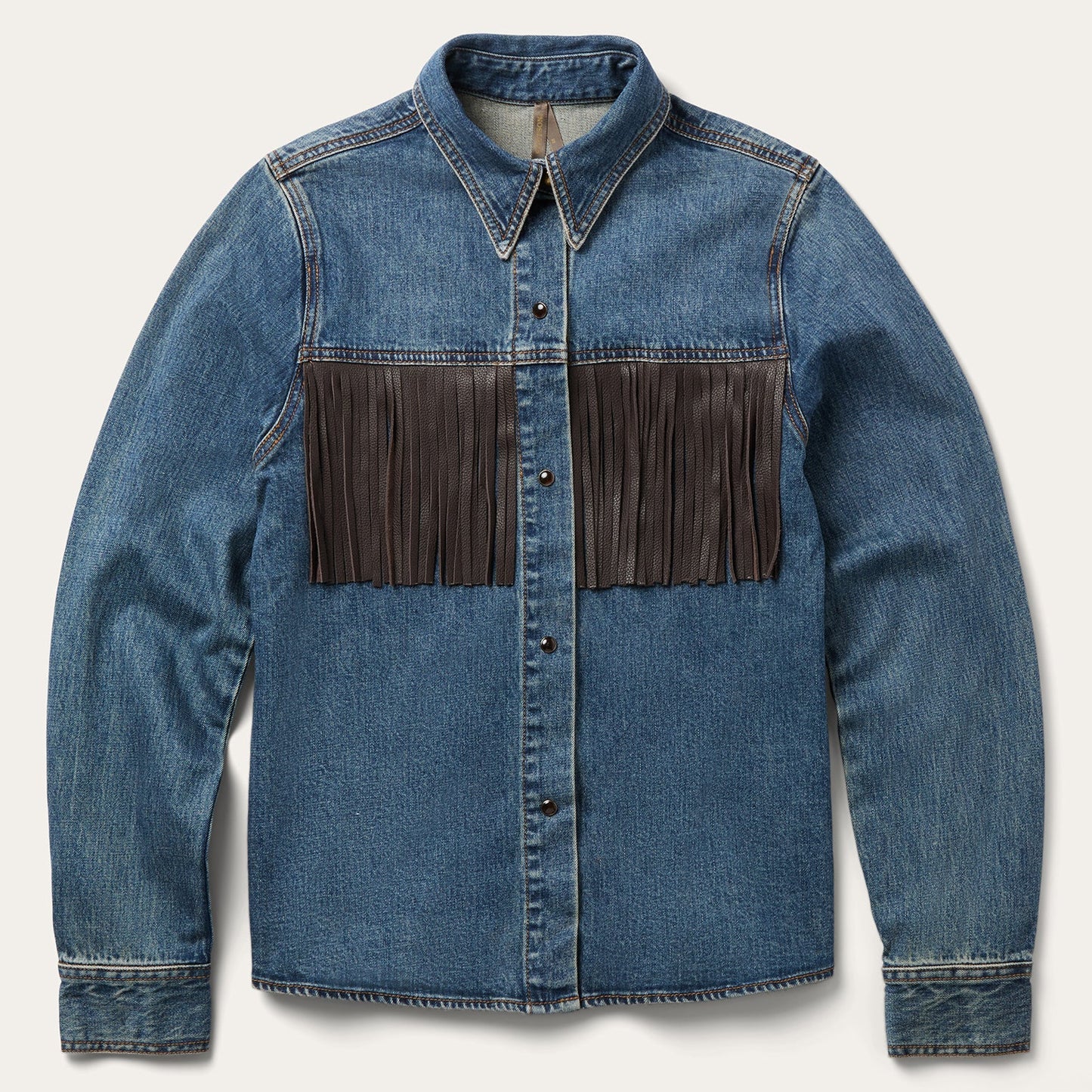 Stetson Leather Fringe Denim Shirt 11-050-0594-7063 womens western wear fashion shacket jacket at Boltranchstore.com free shipping
