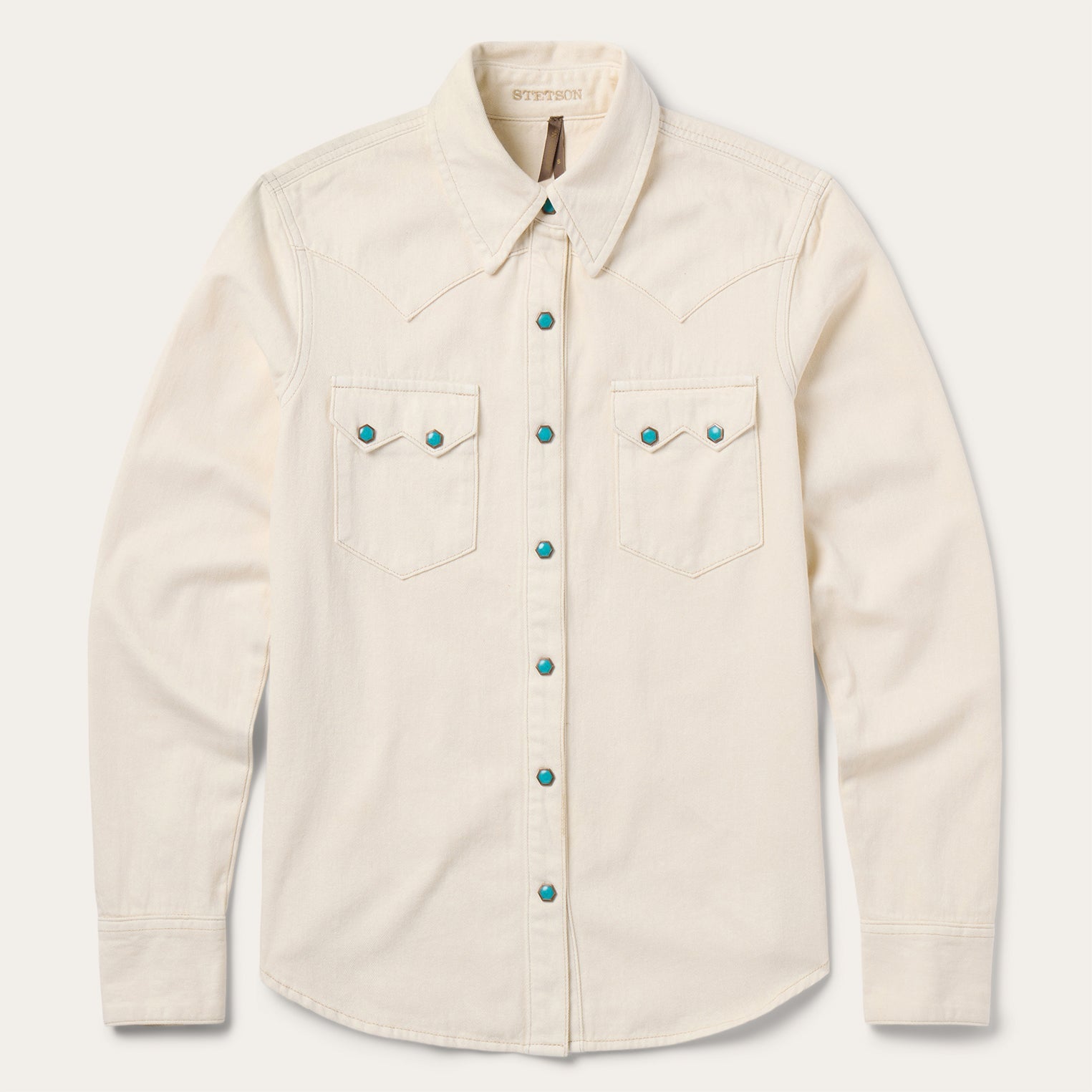 Stetson Turquoise Snap Western Denim Shirt 11-050-0594-9364-WH_Cream_1 Womens western long sleeve shirt free shipping at Boltranchstore.com