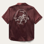 Stetson Womens Satin Short Sleeve Blouse at boltranchstore.com free shipping Maroon satin shirt with white graphic of a horse and rider on the back western short sleeve shirt rodeo outfit womens 