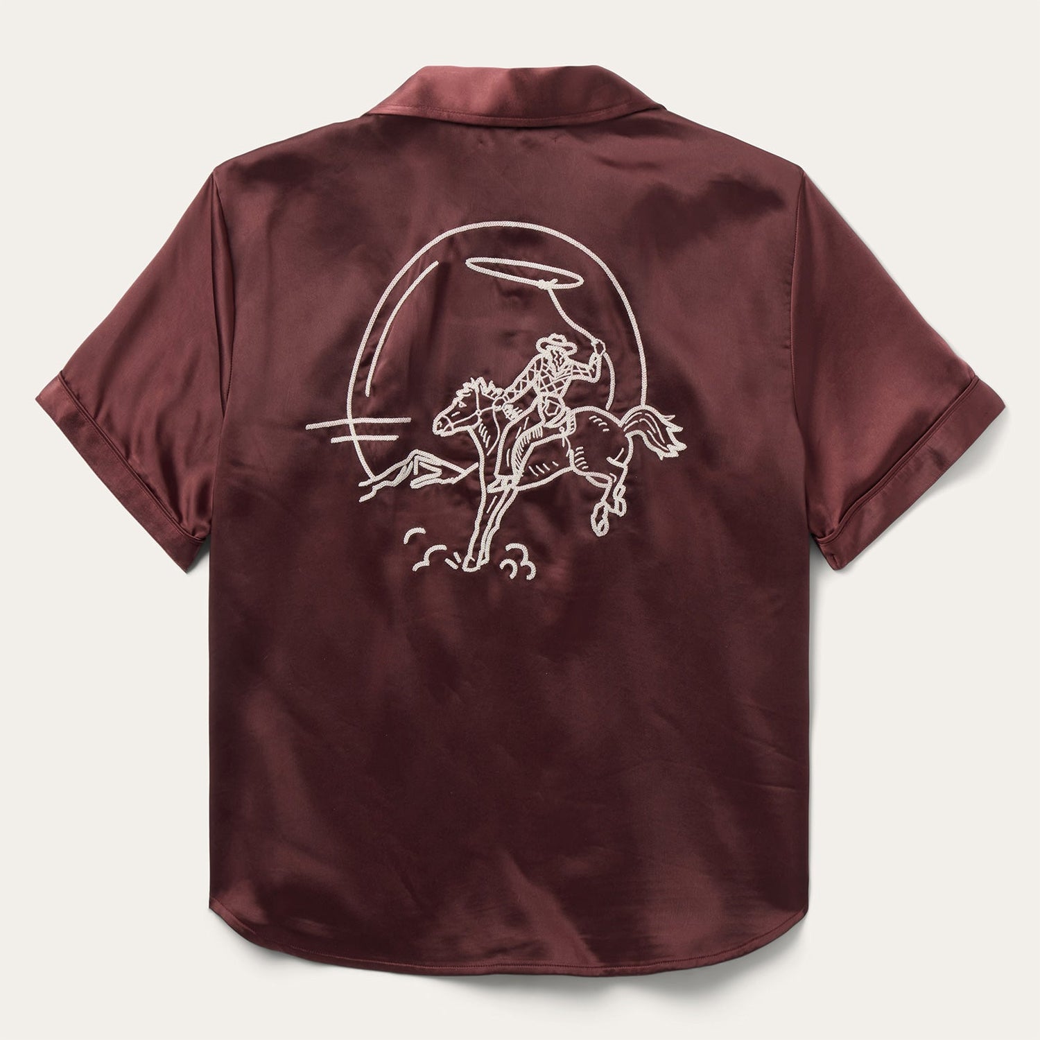 Stetson Womens Satin Short Sleeve Blouse at boltranchstore.com free shipping Maroon satin shirt with white graphic of a horse and rider on the back western short sleeve shirt rodeo outfit womens 