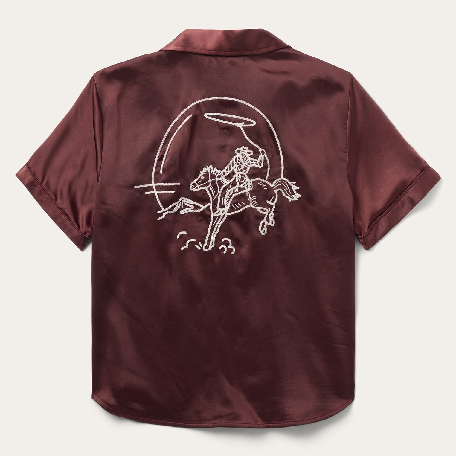 Stetson Womens Satin Short Sleeve Blouse at boltranchstore.com free shipping Maroon satin shirt with white graphic of a horse and rider on the back western short sleeve shirt rodeo outfit womens 