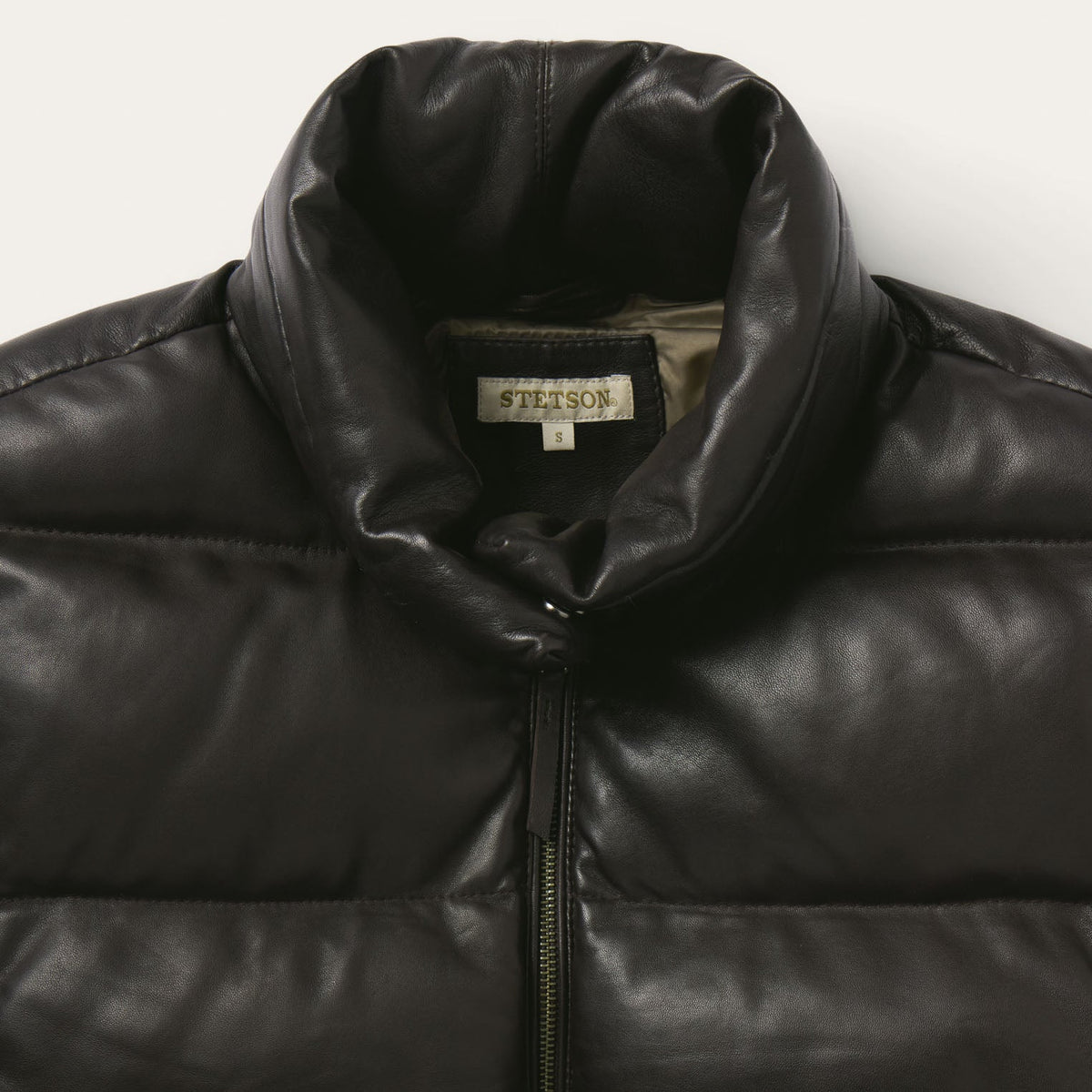 Stetson Oversized Leather Down Fill Vest fully lined interior with locker loop at center back neck