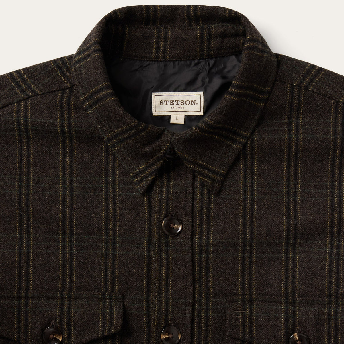 Stetson Western Plaid Shirt Jacket Dark Brown one point pockets with button flaps and embroidered S logo cowboy
