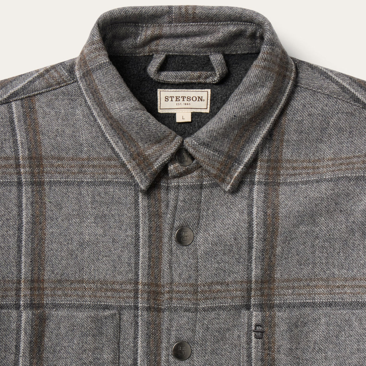 Stetson Windowpane Shirt Jacket Light Grey snap front with single snap cuffs and curved back yoke Kamas