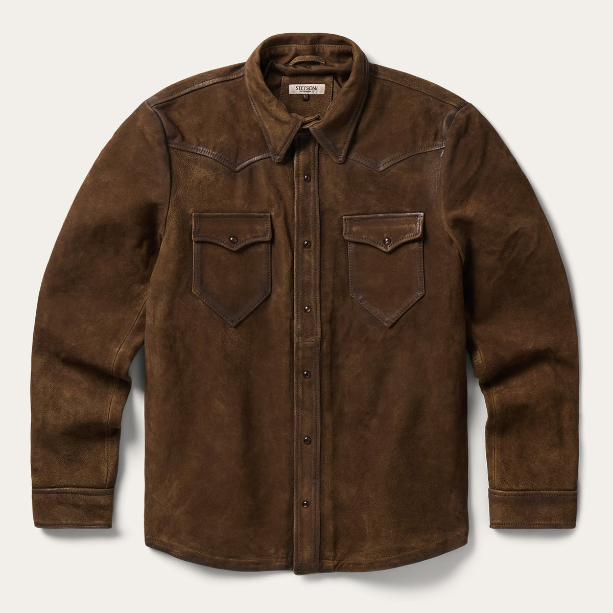 Stetson Mens Roughout Suede Brown Shirt Jacket brown roughout leather western shirt jacket with pearl snap front Utah SKU 1109705399161BR