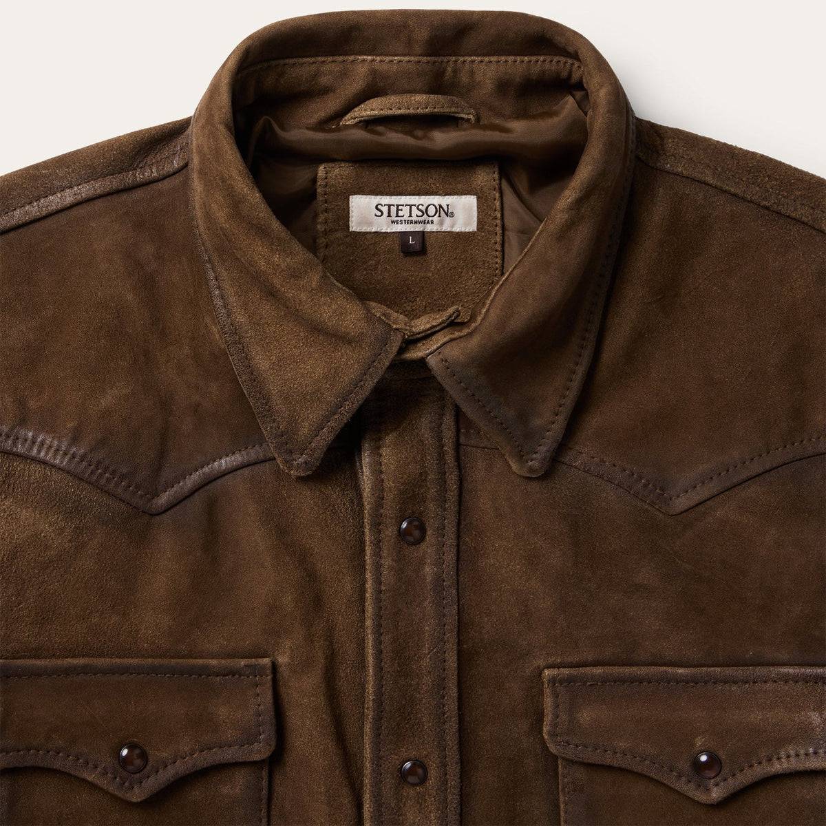 Stetson Mens Roughout Suede Brown Shirt Jacket one point curved chest pockets with snap flaps western clothing