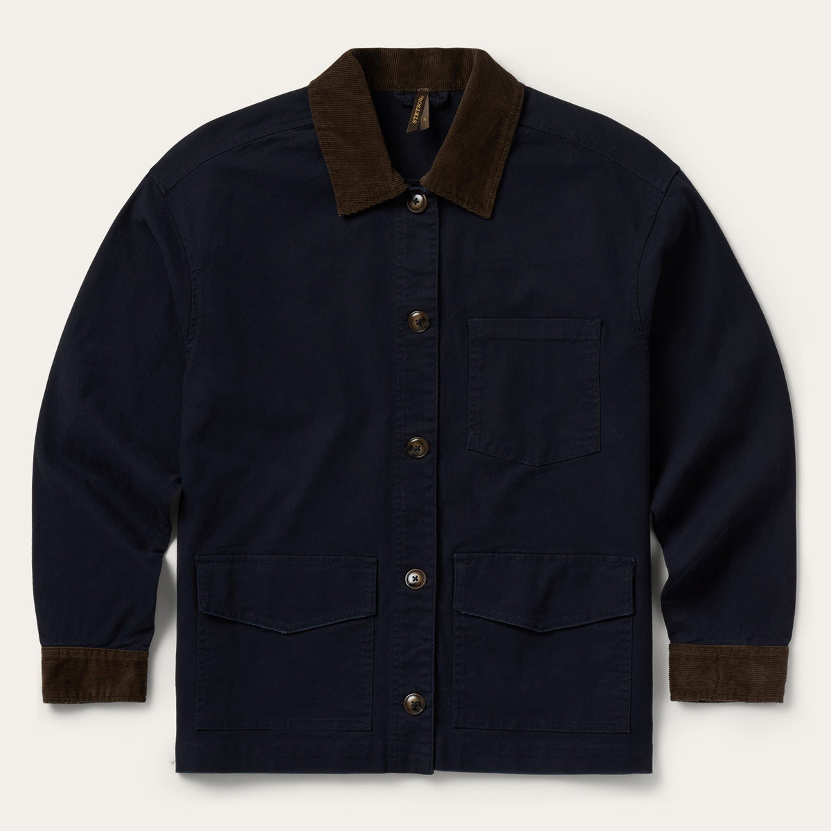 Stetson Corduroy Collar Canvas Barn Jacket Navy navy cotton canvas barn jacket with brown corduroy collar womens western boutique Utah SKU 1109802026104BU