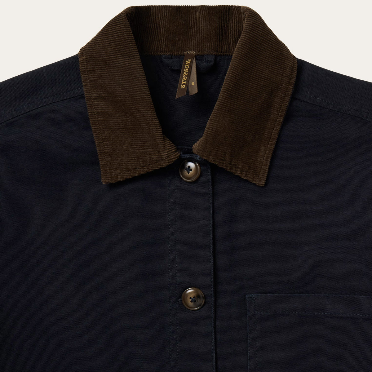Stetson Corduroy Collar Canvas Barn Jacket Navy oversized chest patch pocket and flap hand pockets ranch wear Kamas