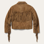 Stetson Womens Tan Suede Jacket With Fringe On Pockets and Sleeves fringe trim along back yoke and back sleeve seams womens western clothing