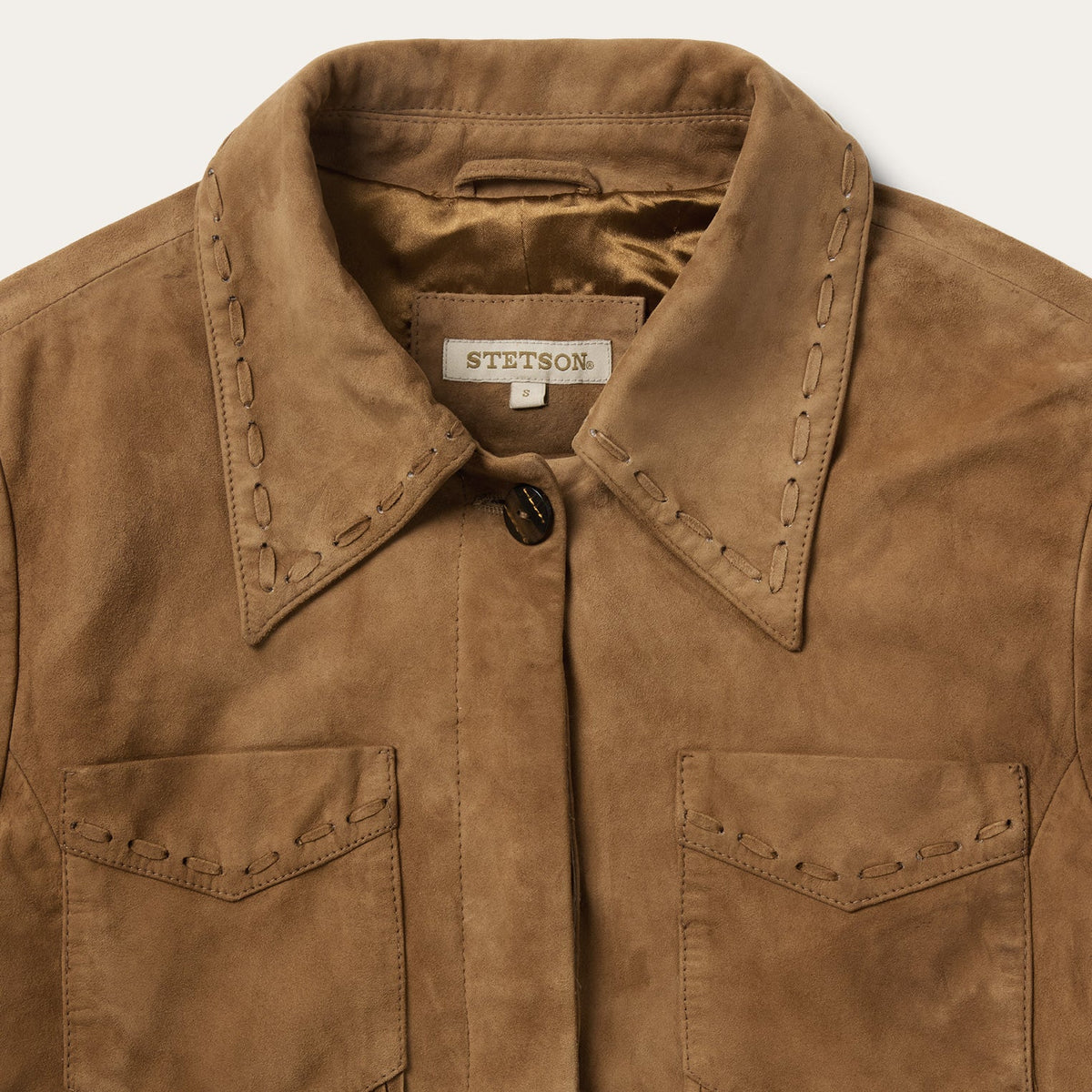 Stetson Womens Tan Suede Jacket With Fringe On Pockets and Sleeves oversized spread collar with contrast leather stitching