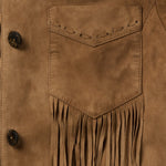 Stetson Womens Tan Suede Jacket With Fringe On Pockets and Sleeves single point patch pockets with fringe below cowgirl style