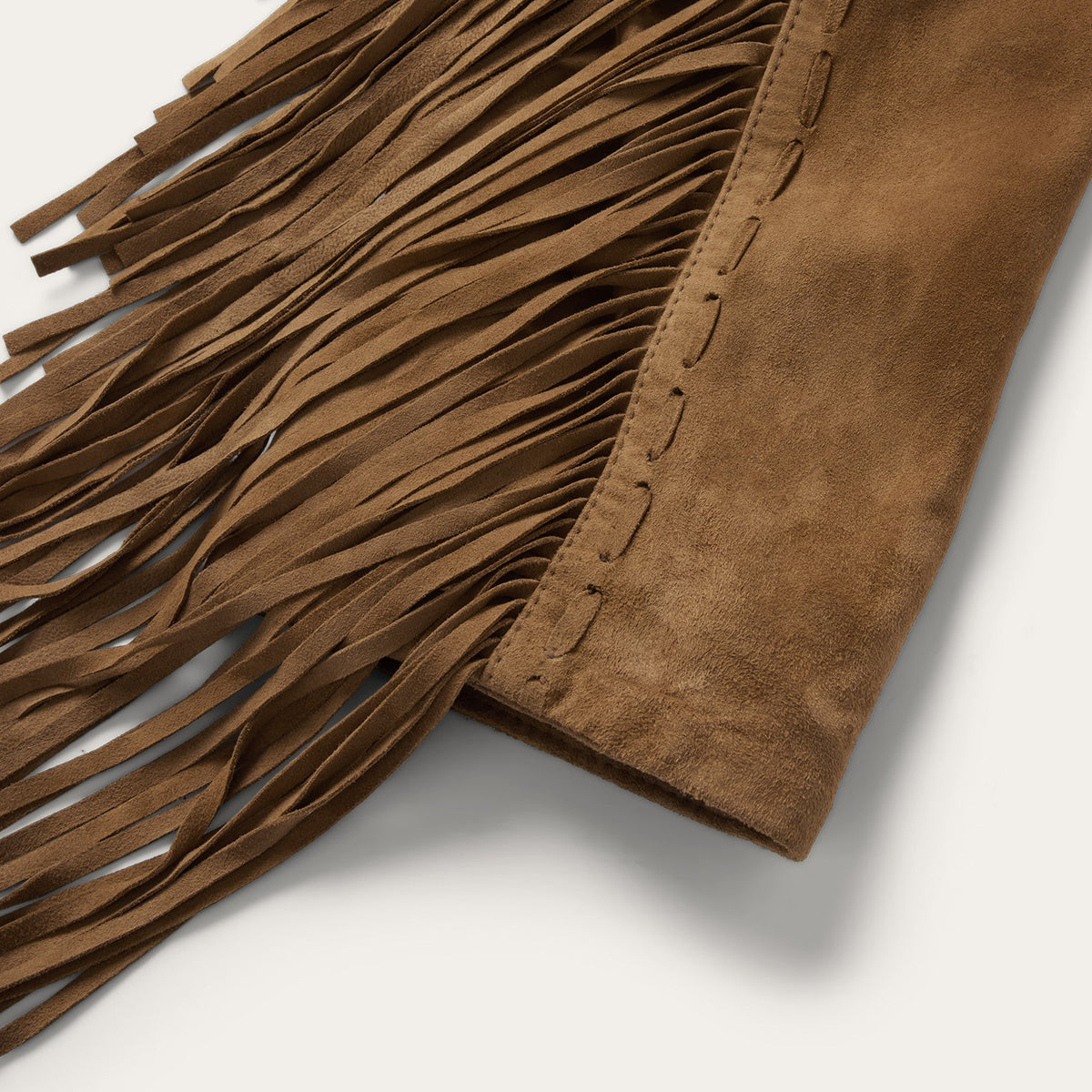 Stetson Womens Tan Suede Jacket With Fringe On Pockets and Sleeves single point back yoke detail in soft tan suede western boutique