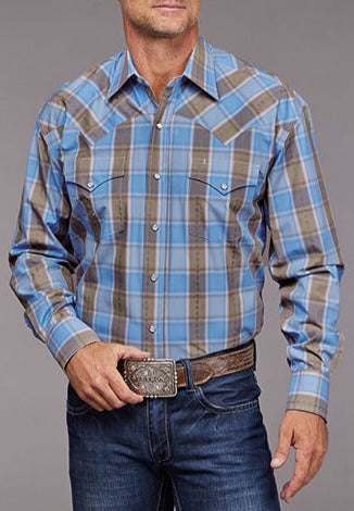 Stetson Mens Chambray Dobby Plaid Shirt