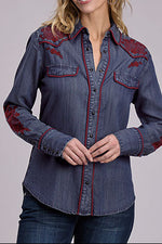 Stetson Womens Dark Lyocell Denim Long Sleeve Western Style Snap Front Blouse dark lyocell denim snap front blouse with wine embroidery womens western boutique Utah SKU 1105005657045BU