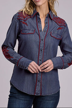 Stetson Womens Dark Lyocell Denim Long Sleeve Western Style Snap Front Blouse dark lyocell denim snap front blouse with wine embroidery womens western boutique Utah SKU 1105005657045BU