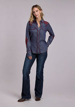 Stetson Womens Dark Lyocell Denim Long Sleeve Western Style Snap Front Blouse relaxed boyfriend fit with long sleeves western clothing