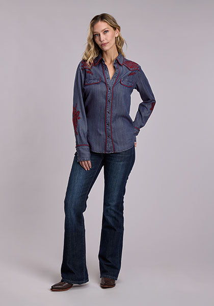 Stetson Womens Dark Lyocell Denim Long Sleeve Western Style Snap Front Blouse relaxed boyfriend fit with long sleeves western clothing